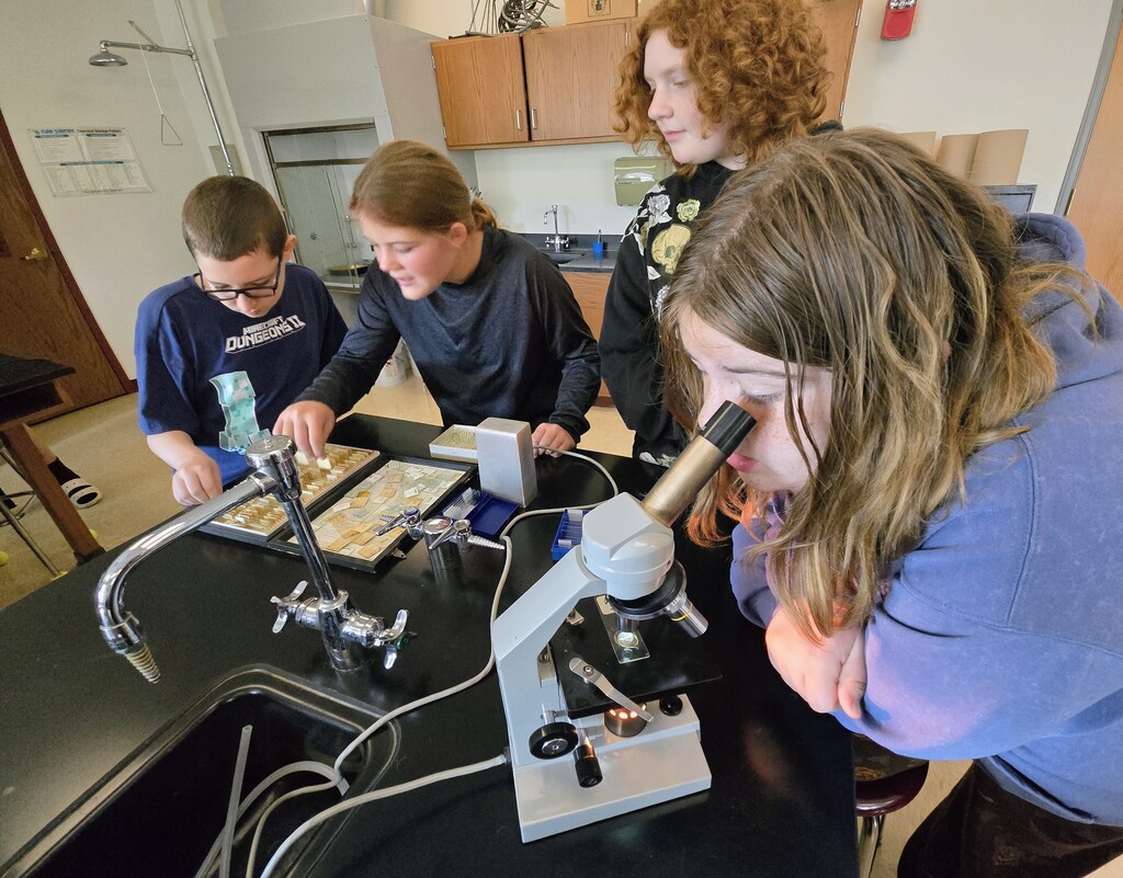 Students looking into a microscope