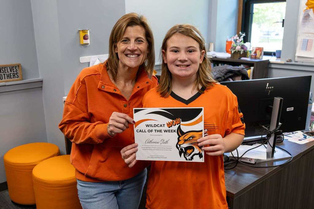 Wildcat Wow Recipient with Mrs. Kyle and certificate