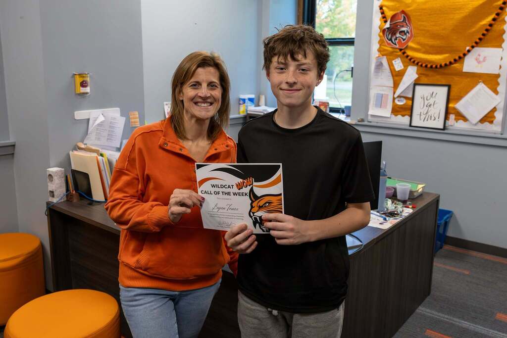 Wildcat Wow Recipient with Mrs. Kyle and certificate
