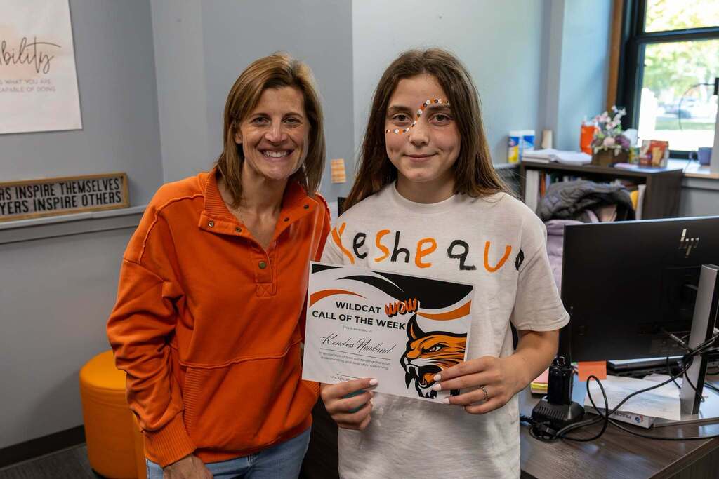 Wildcat Wow Recipient with Mrs. Kyle and certificate