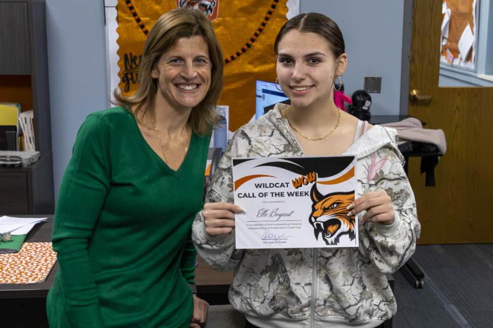 Wildcat Wow Recipient with Mrs. Kyle and certificate