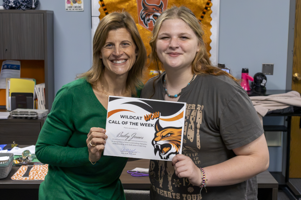 Wildcat Wow Recipient with Mrs. Kyle and certificate