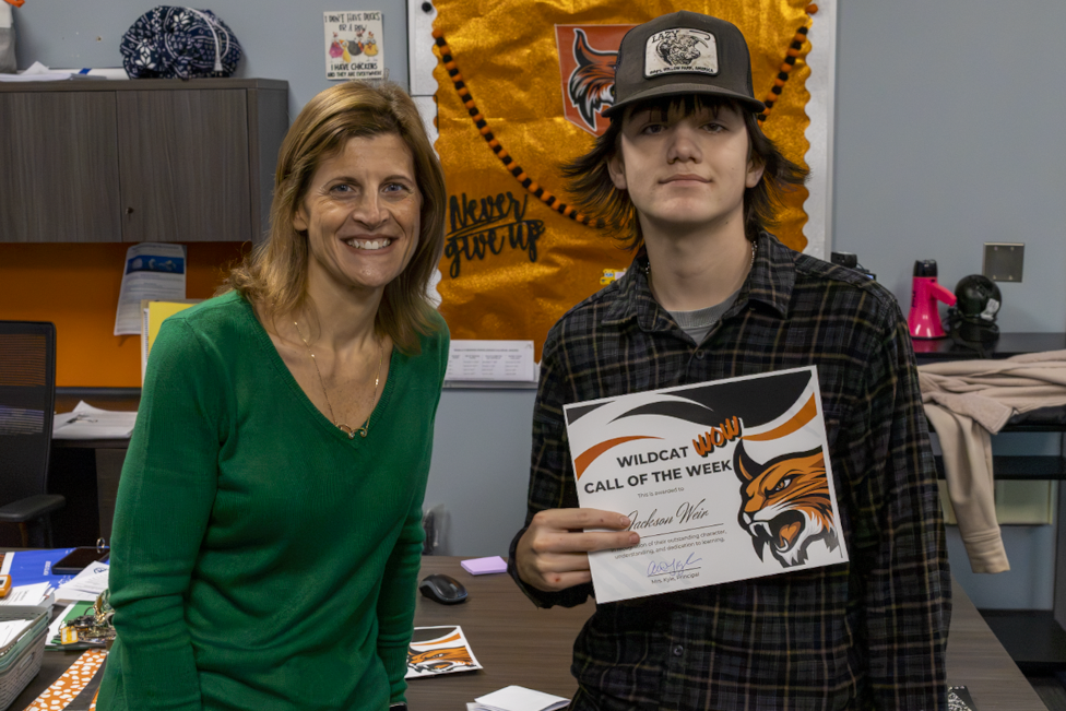 Wildcat Wow Recipient with Mrs. Kyle and certificate