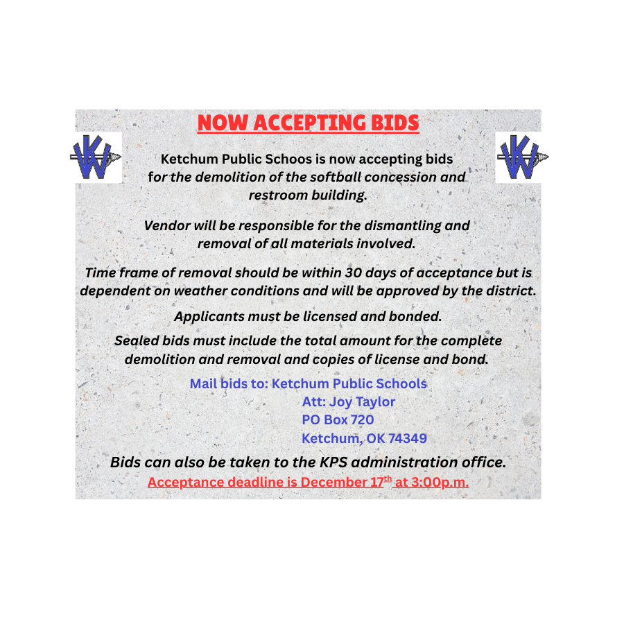 ACCEPTING BIDS FOR DEMO OF SOFTBALL CONCESSION