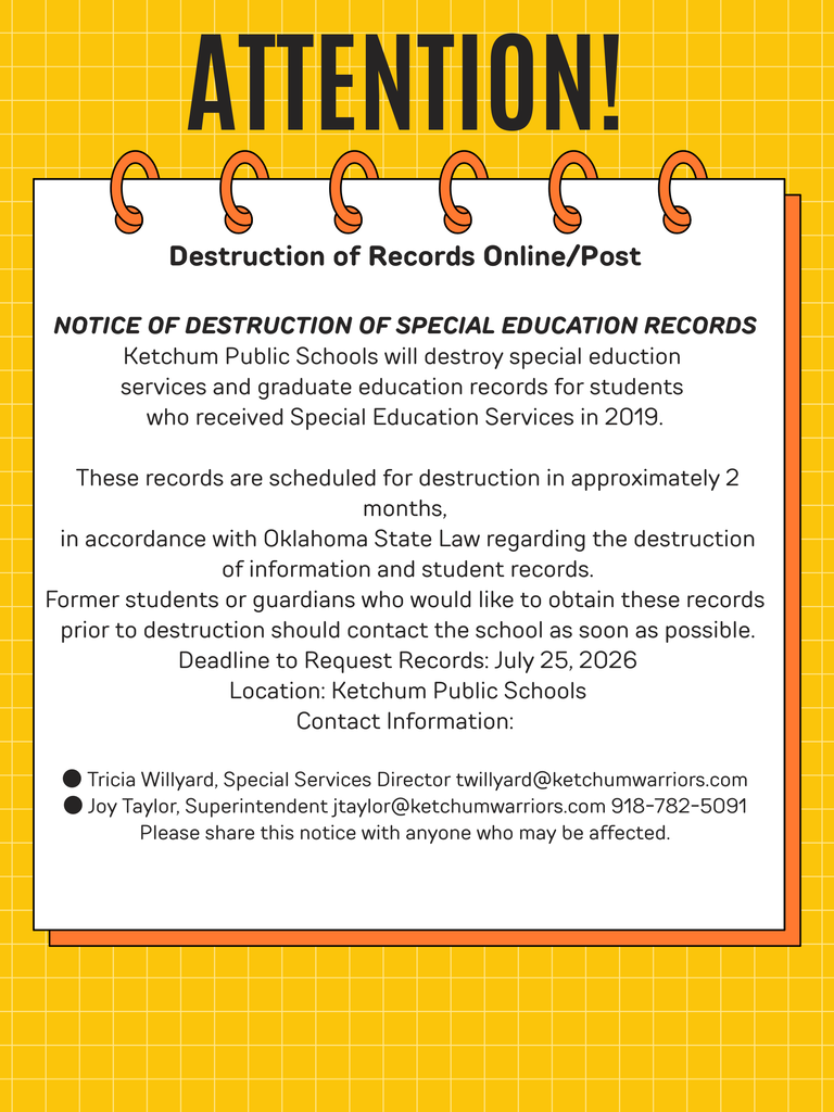 Destruction of special education records notice