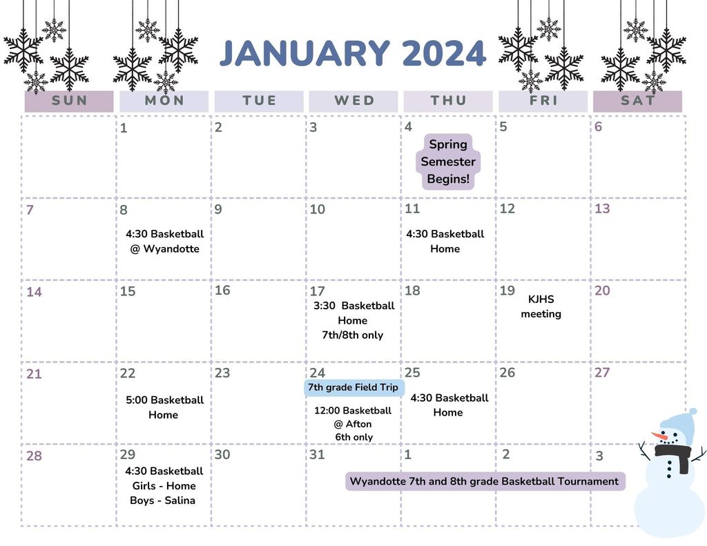 January Student Calendar