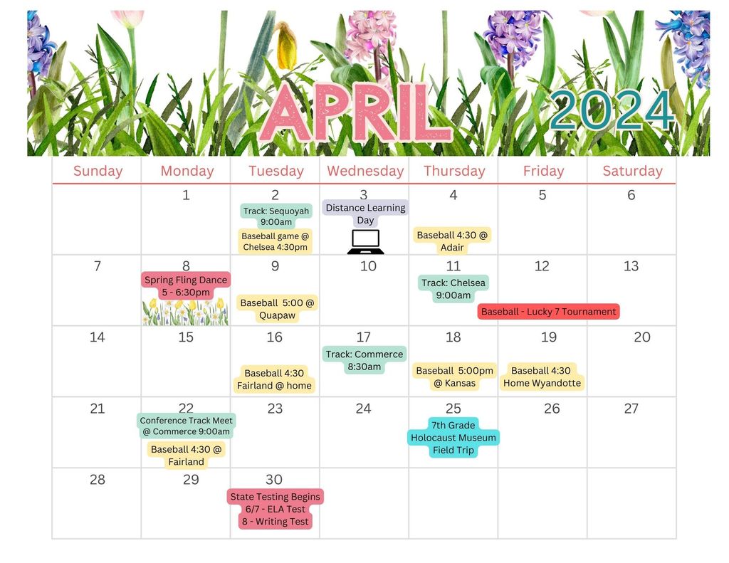Student calendar for April