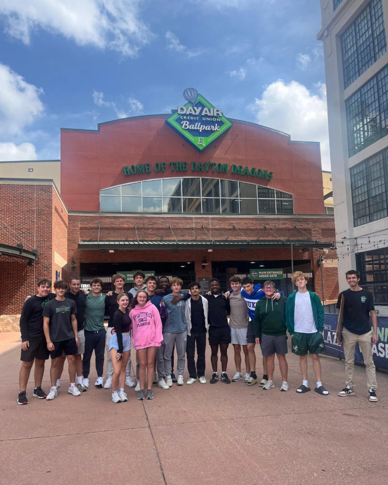 18 high school marketing students standing in front of the Day Air Ballpark, Home of the Dayton Dragons 