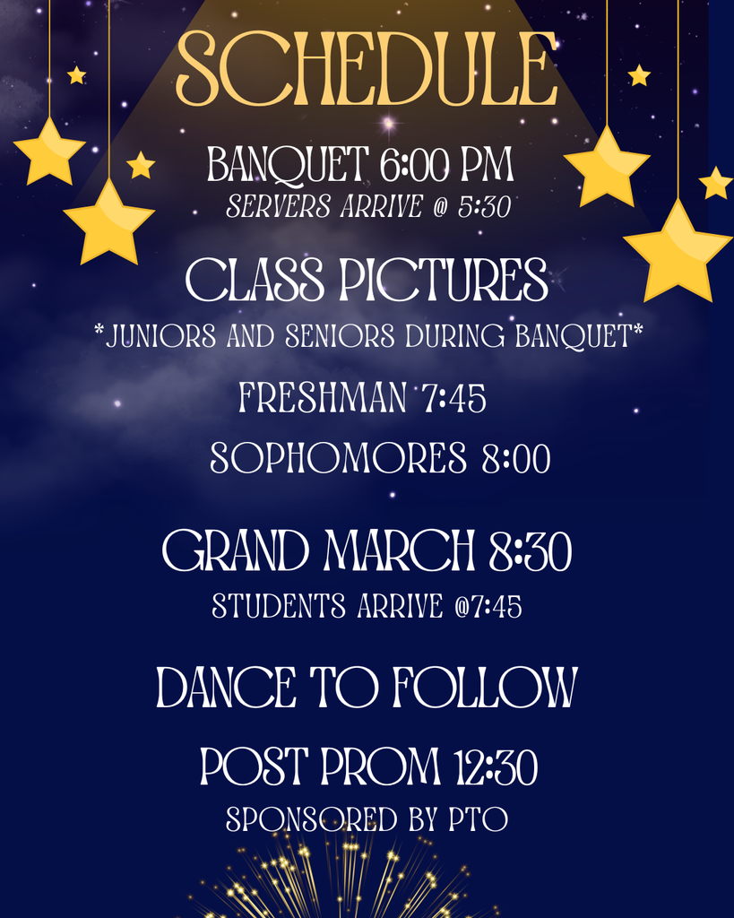 ✨ Get ready for a night to remember! ✨ Golden Eclipse Prom 2026 🌙💛 The Junior Class invites you to an unforgettable evening filled with photos, dancing, and memories you’ll be talking about long after the night ends. 🌙 Schedule 🌙 Banquet — 6:00 PM Students Arrive — 7:45 PM Grand March — 8:30 PM Dance to Follow ✨ (Ends at Midnight) Check the full schedule and get ready for a magical night under the stars 💫