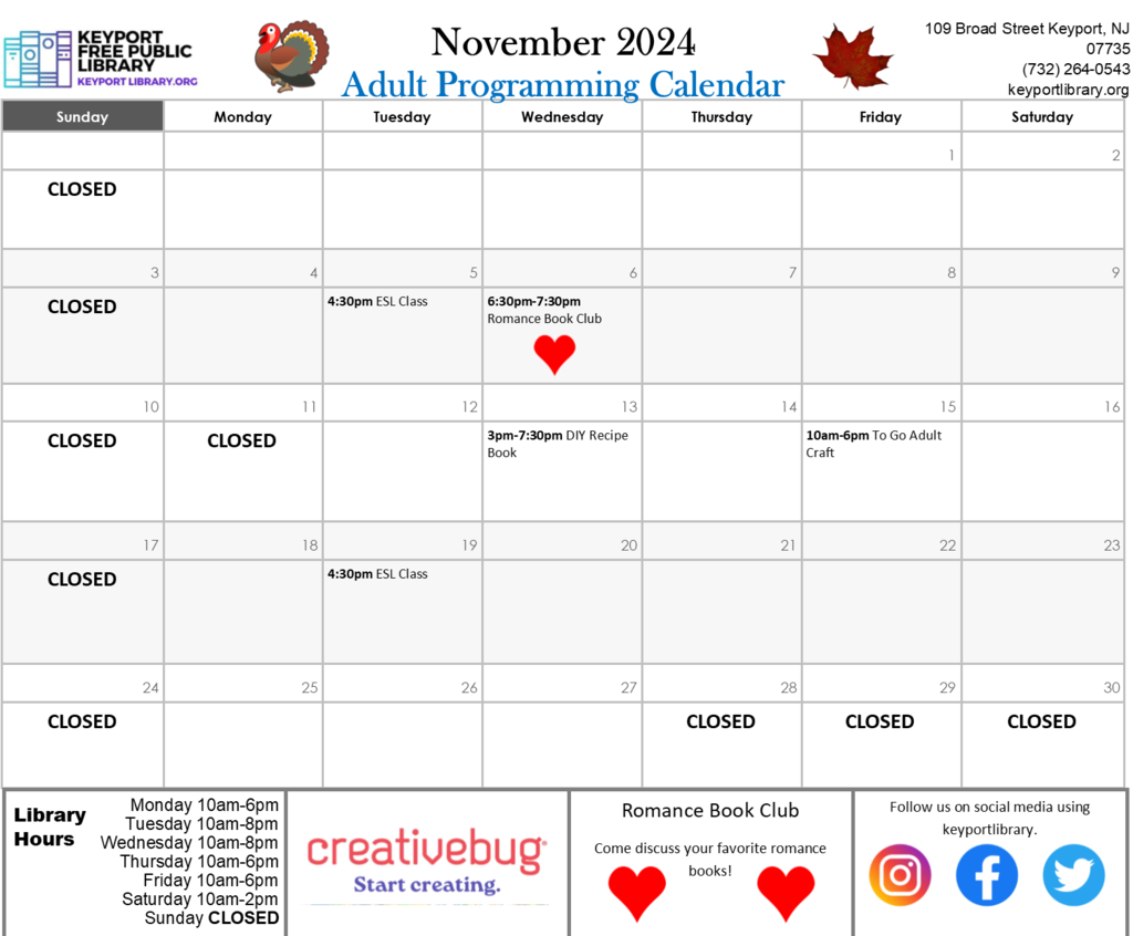 Keyport Library's November Calendar of Events.