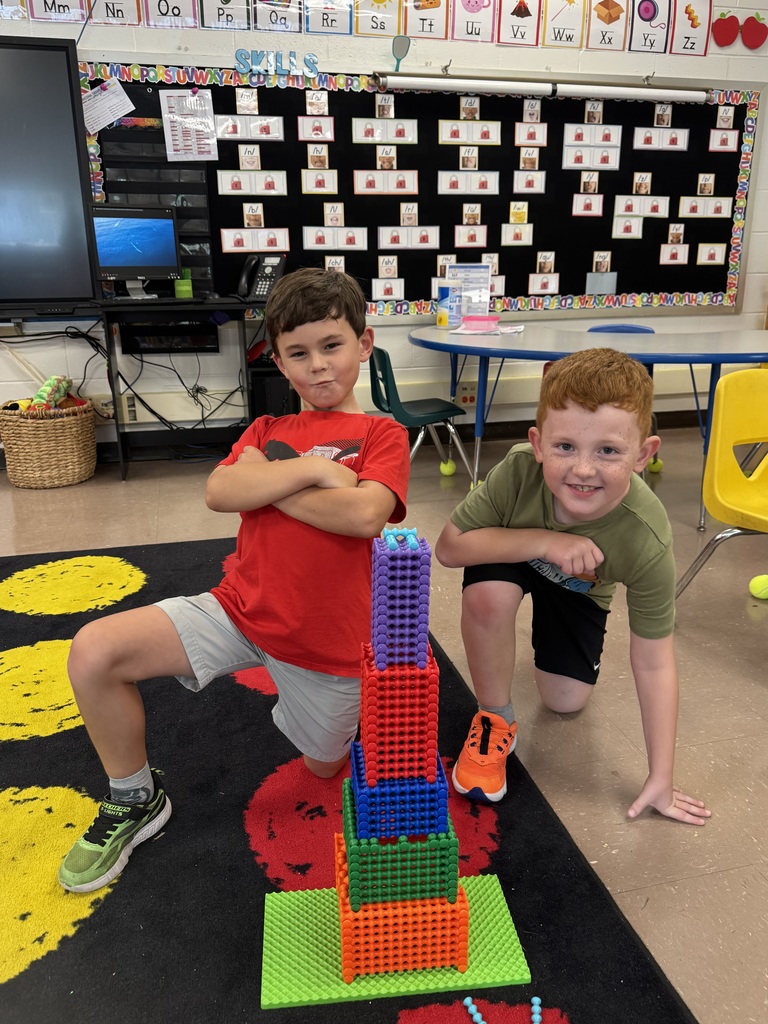 Two boys with a building created out of connecting links