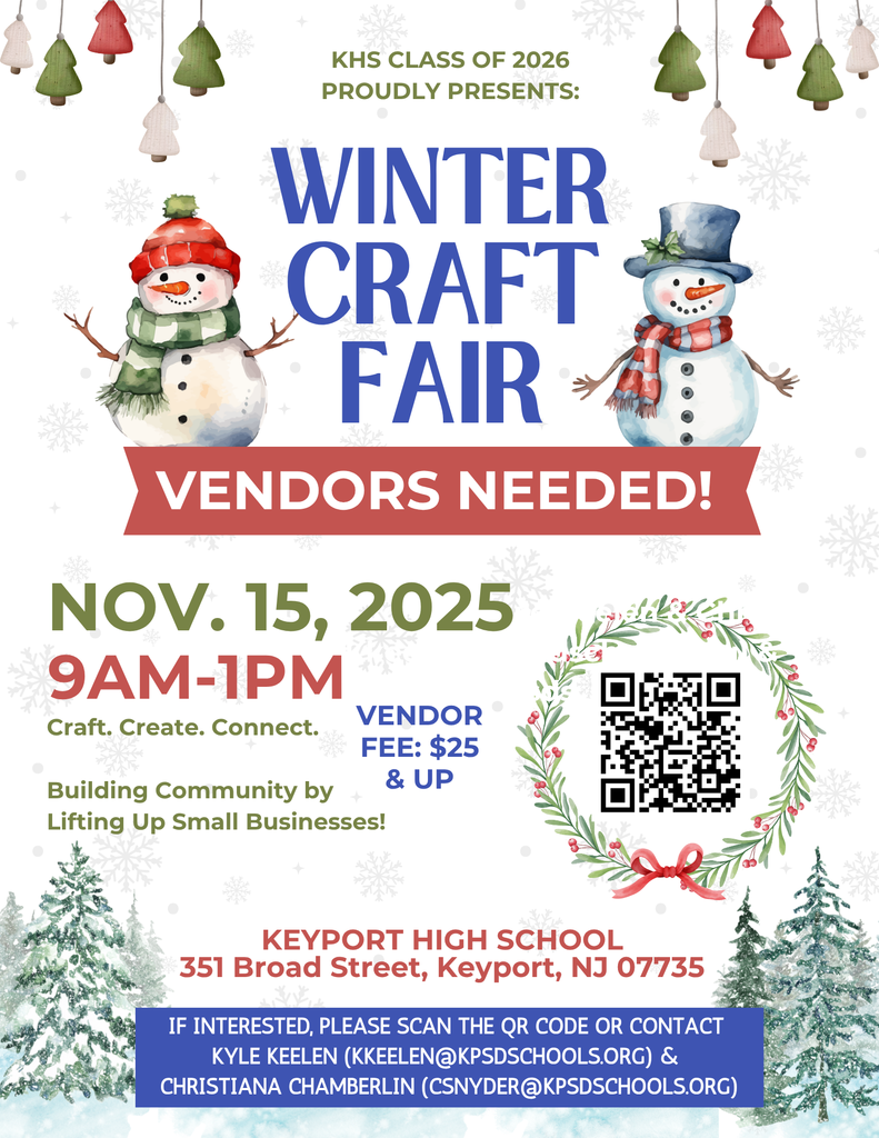 Winter Craft Fair flyer. The event will take place on November 15, 2025 at Keyport High School in the gym. We are currently accepting vendor applications!