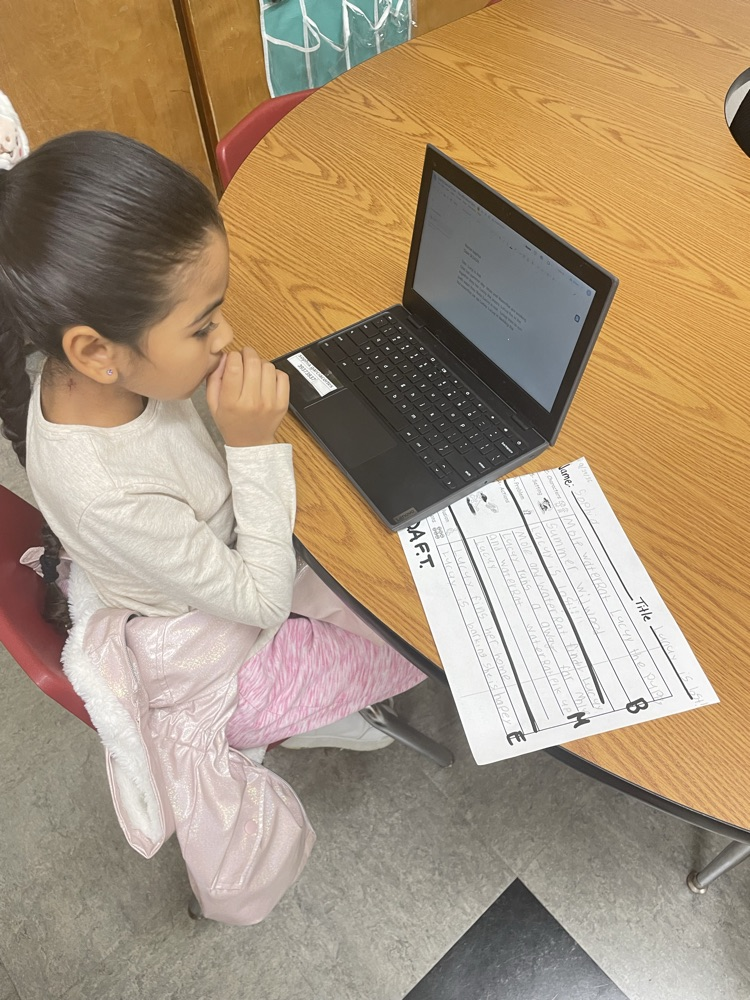 Using an organizer to type her story!