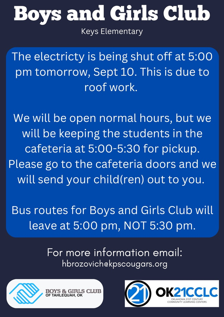 Boys and Girls Club information for Sept 10.