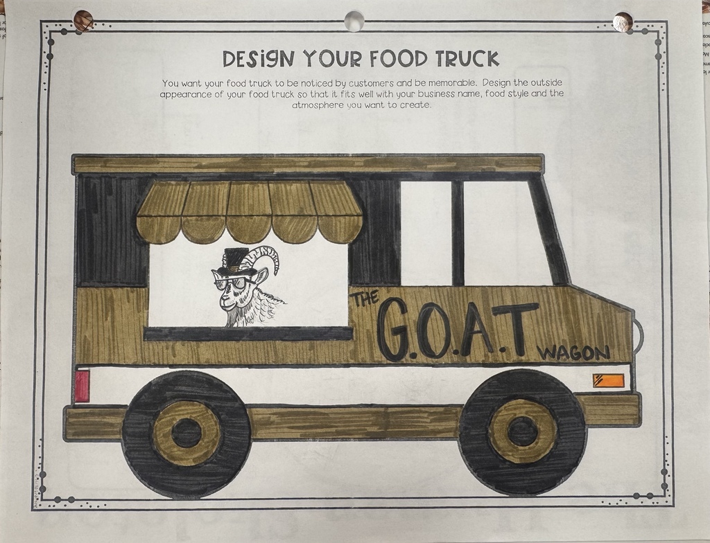 Food truck picture that is painted brown with a goat in the window