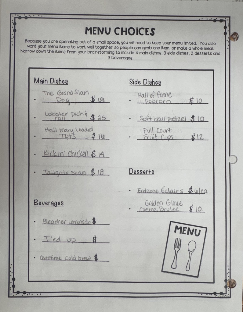 shows menu choices and their prices