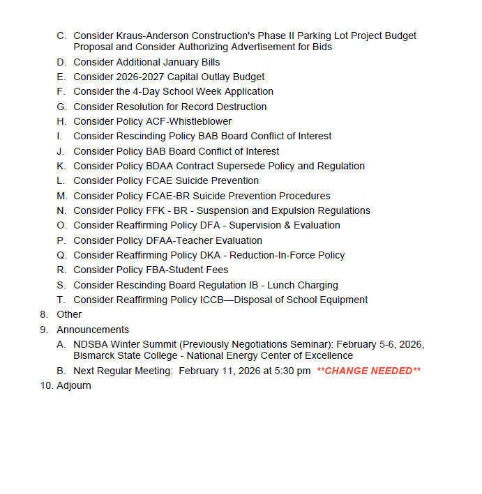 School board meeting agenda for January 14, 2026