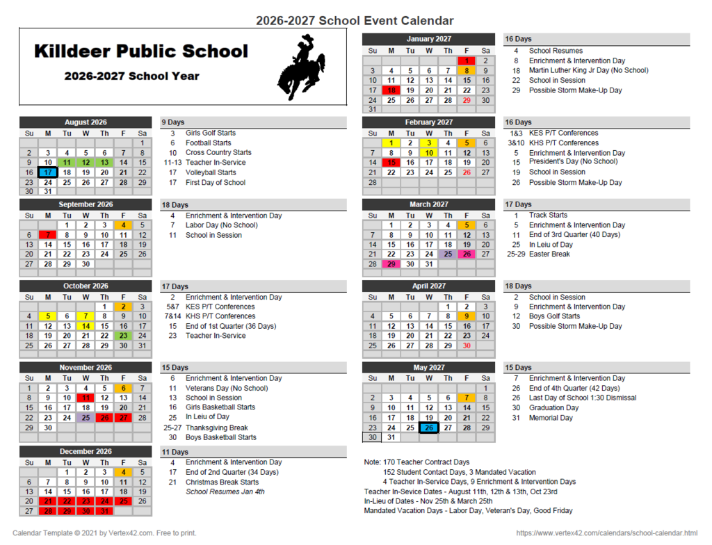 2026-2027 KPS 4 Day School Week Calendar