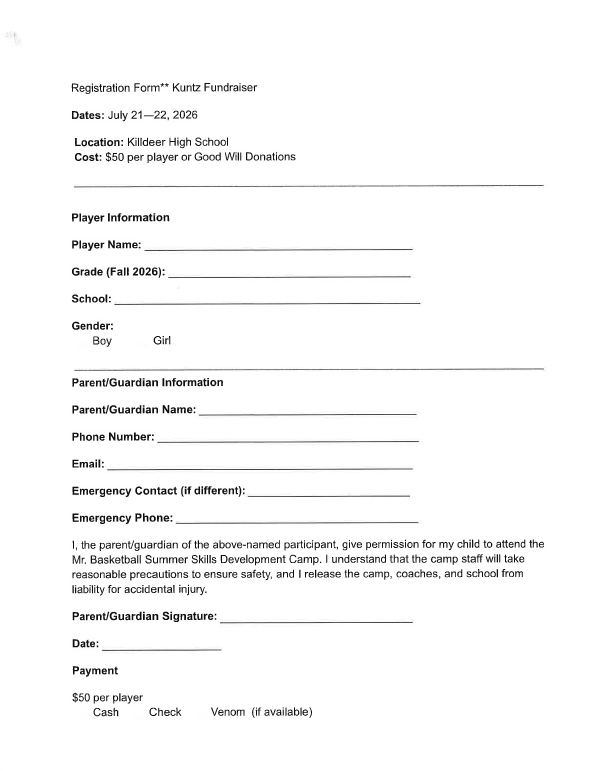 Kuntz Basketball Fundraiser Registration Form