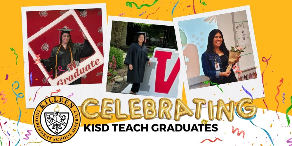 photo collage of three women in different frames smiling at the camera holding up a sign standing next to a sign and holding flowers with text that reads "celebrating KISD Teach graduates"