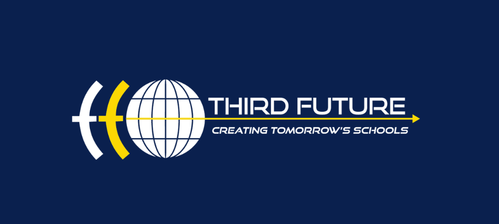 "Third Future Creating Tomorrow's Schools" graphic of world with words