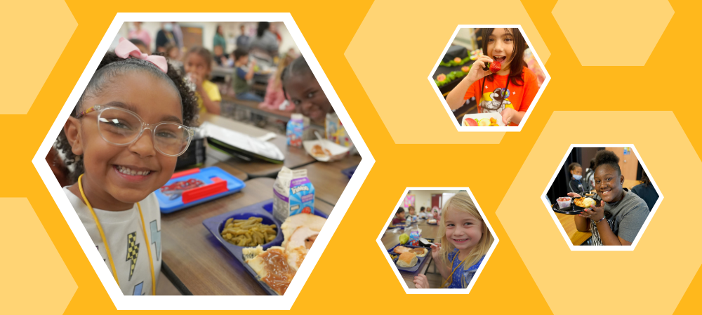 Collage of Killeen ISD students smiling and eating school meals inside a cafeteria, displayed in hexagon-shaped photo frames on a gold background. The largest photo shows a young student with glasses smiling at the camera while seated with a lunch tray. Smaller photos show other students enjoying meals and snacks.
