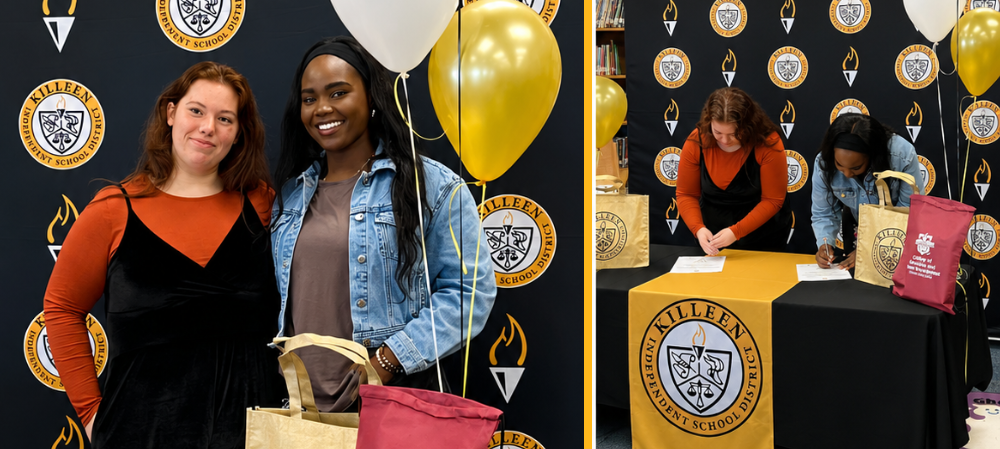Two young women stand together smiling in front of a Killeen ISD-branded backdrop decorated with black, gold, and white balloons. One wears an orange top with a black dress, while the other wears a denim jacket over a neutral-colored shirt. Both hold gift bags. In the second image, the two women are shown signing paperwork at a table covered with a Killeen ISD tablecloth, with additional gift bags nearby. The setting appears to be a school library or event space, likely for a student recognition, signing, or recruitment-related event.