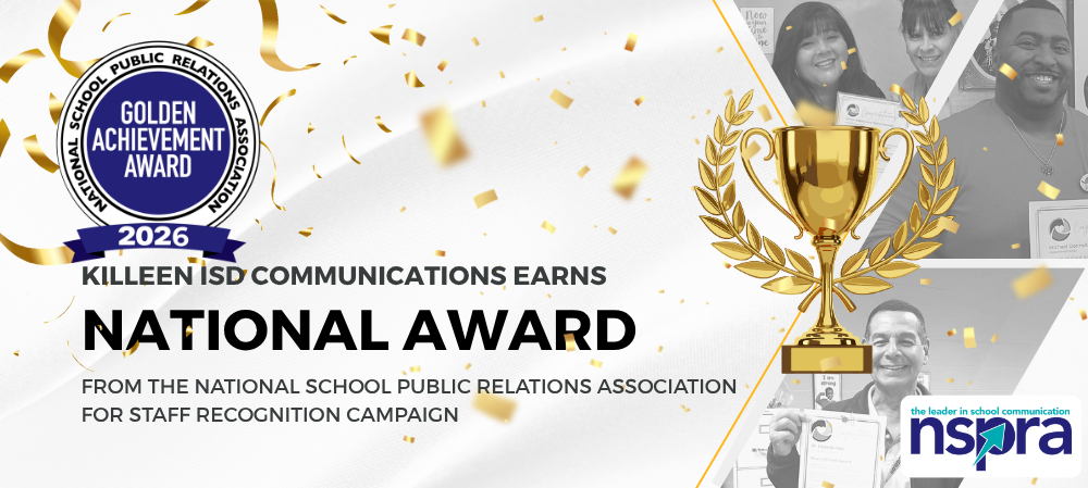 graphic that reads "KISD Communications department earns national award from the national school public relations association 'heart of gold award staff recognition campaign'