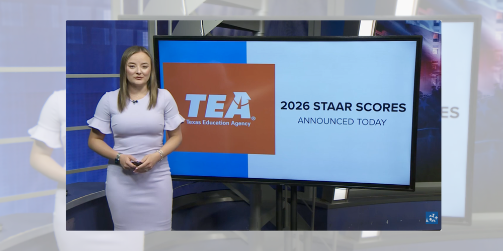 A television news anchor stands beside a large studio display showing the Texas Education Agency (TEA) logo and the headline "2026 STAAR Scores Announced Today." The anchor is presenting in a news studio with blue-toned graphics in the background.