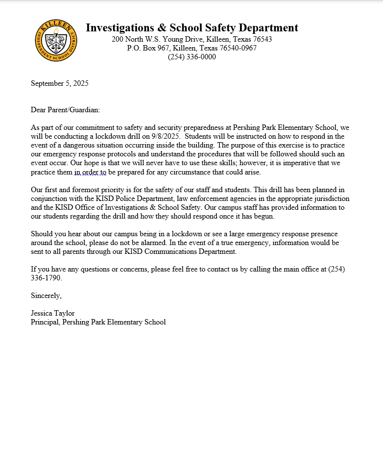 Parents/Guardians, please see the attached notice regarding a scheduled lockdown drill happening on Monday, September 8th. Thank you!