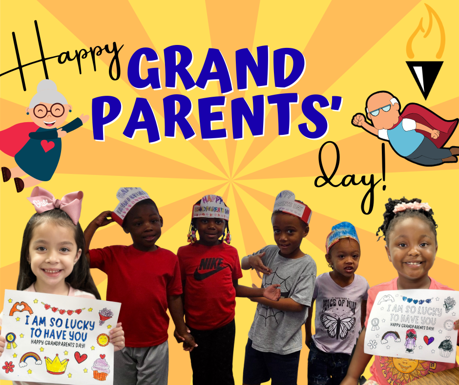 Kids wearing hats and holding signs for grandparents' day