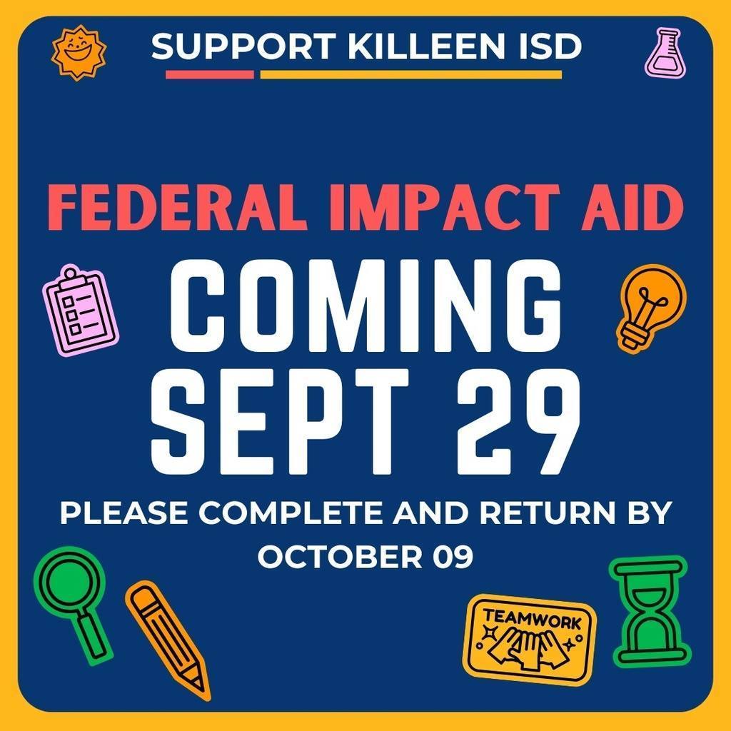 📢 KISD Families—We Need Your Help! Impact Aid forms will go home with students on Monday, September 29, 2025. Please review, sign, and return the form back as soon as possible. Each year, the Impact Aid Parent-Pupil Survey helps KISD secure federal funds that directly support our students and schools. 💙 ✅ If you are federally-connected OR a civilian working on Fort Hood or another federal property (like the VA in Temple), your participation counts! ✅ Every returned form makes a difference and helps KISD receive the funding our schools deserve. 📝 Paper surveys will go home with students Monday, Sept. 29, 2025. Please review, sign, and return right away.