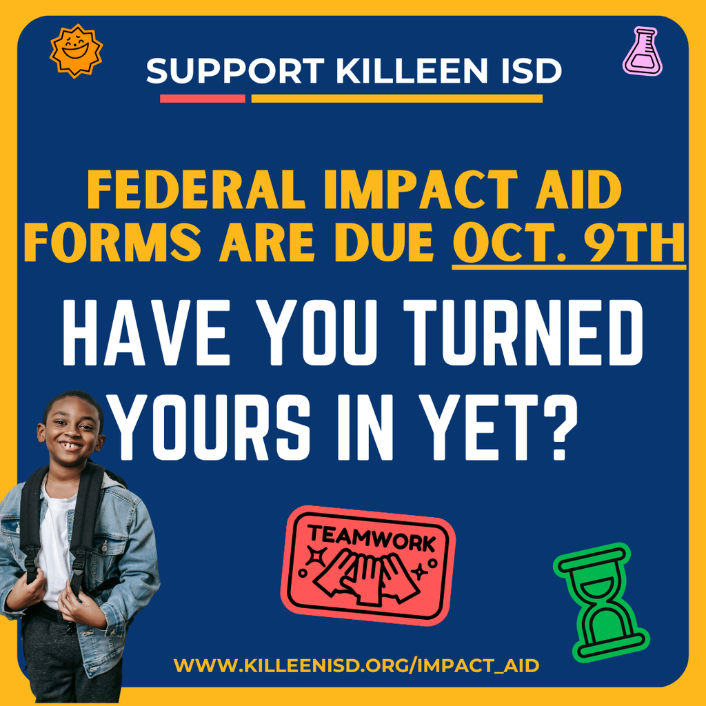 📝 Help Us Help Our Students! Killeen ISD relies on Impact Aid funding to provide essential resources for your student’s education. If you haven’t already, please fill out and return the Impact Aid form sent home with your student. Every form counts! Thank you for being an important part of our school community. 🌟 #KilleenISD #EducationMatters #FundingOurFuture
