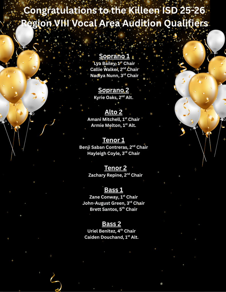 Choir list of students who qualified for the Area Auditions