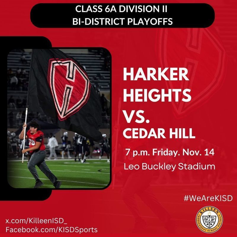 Class 6A Division II Bi-District Playoffs - Cedar Hill at Harker Heights Tickets: https://tinyurl.com/y58ecu5n The Knights take on Cedar Hill in Round 1 right here at home. Time to pack Leo Buckley Stadium and bring the energy! Kickoff: 7 PM