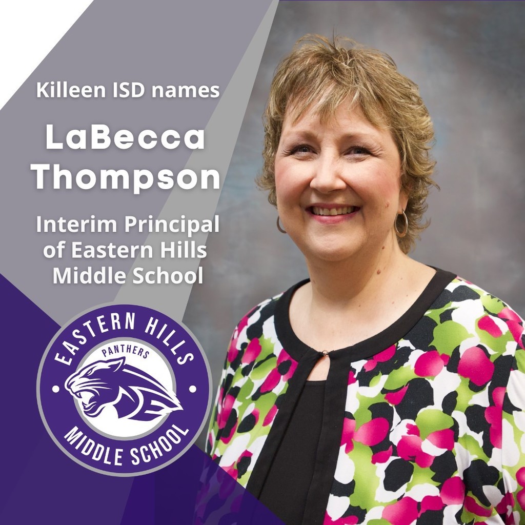 #KISDNews Killeen ISD names Labecca Thompson as Interim Principal of Eastern Hills Middle School  LaBecca Thompson, an experienced educator and trusted leader familiar to Killeen ISD, has been selected to serve as interim principal at Eastern Hills Middle School for the remainder of the 20205-2026 school year.  Thompson will begin the role on Dec. 1.    Thompson spent 27 of her 39-year career in education as part of the KISD family, most recently serving as principal of Mountain View Elementary from 2021 to her retirement in 2024. Prior to that, Thompson was an assistant principal (2016-2021) and a curriculum instructional specialist at Audie Murphy Middle School.   “We are thrilled to welcome back Ms. Thompson, and we appreciate and are grateful for her willingness to step into this role,” KISD Deputy Superintendent for Curriculum, Instruction and School Leadership Dr. Terri Osborne said. “Ms. Thompson is committed to shaping a positive educational experience for all students and will guide Eastern Hills with passion, purpose and enthusiasm.”  Thompson also taught at the middle school and elementary school levels during her time with KISD. Before moving to Killeen, she began her career as a teacher with Amarillo ISD.  Thompson earned a bachelor’s degree from West Texas State University and a master’s degree in educational administration from Tarleton State University.