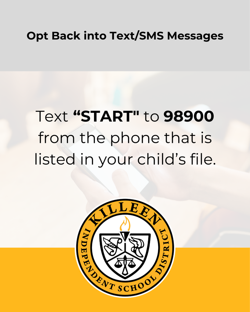 #Share 📲 Stay in the loop! If you’re not receiving our text alerts, just text START to 98900 from the phone number listed in your child’s records. It’s quick and keeps you connected with all things KISD! 💛🖤