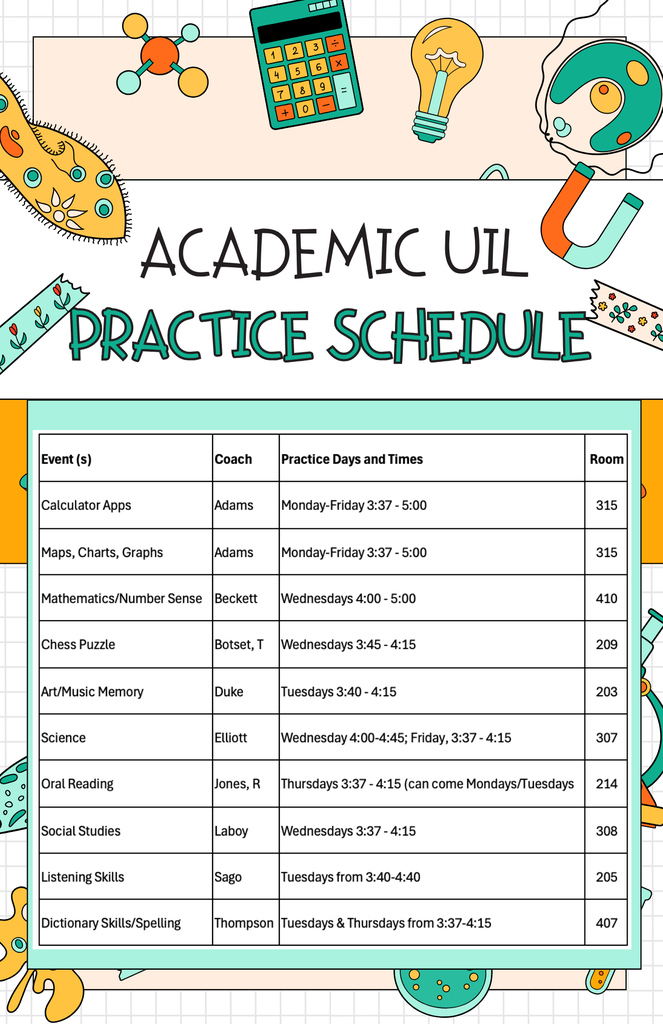 Academic UIL Schedule at Union Grove Middle School.