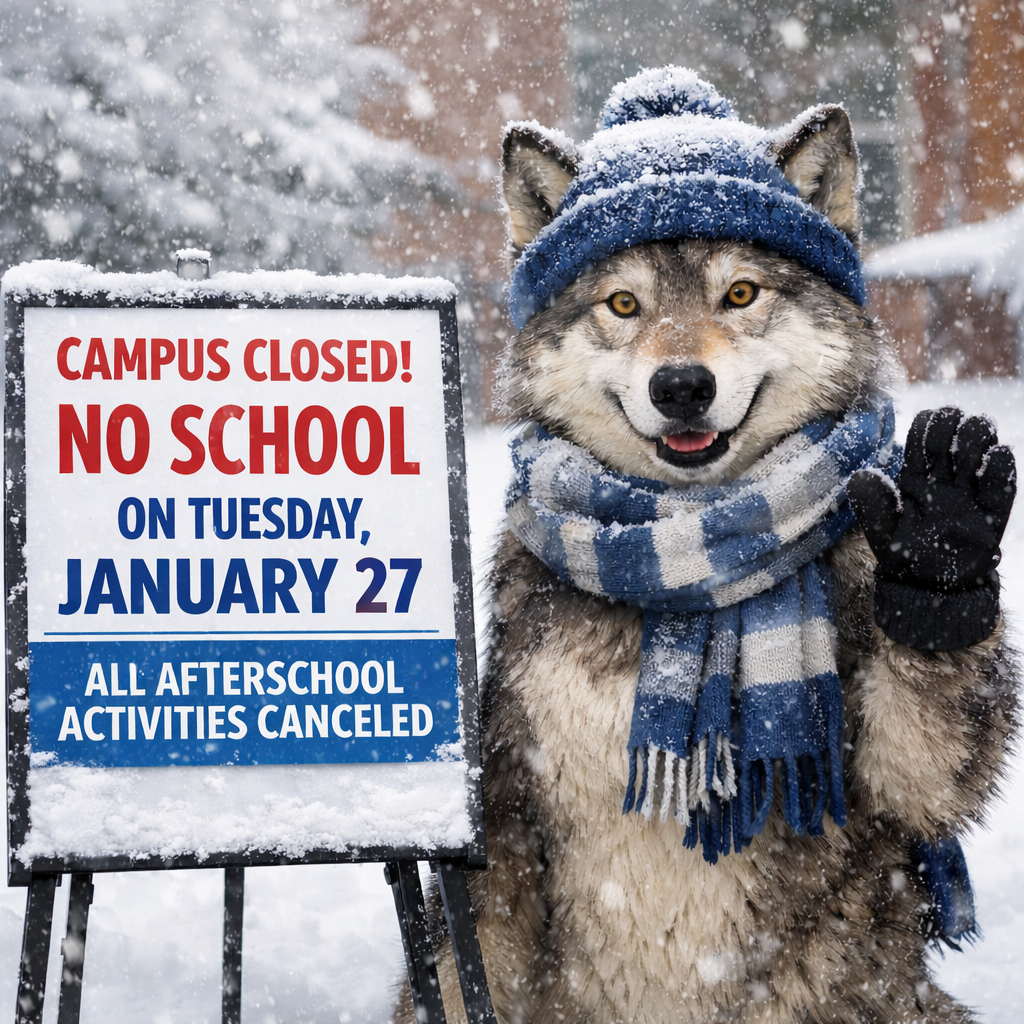 🐺❄️ Grey Wolf Family Update ❄️🐺  Due to weather conditions, campus will be CLOSED on Tuesday, January 27. 🚫 No school 🚫 All afterschool activities are canceled  Please stay safe, stay warm, and take care of one another.