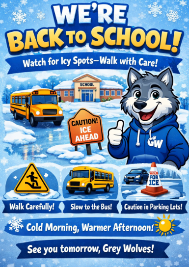 Welcome back! Please use caution tomorrow morning—some icy areas may remain. Cool AM, warmer PM. Take care walking & in parking lots. 🐺❄️