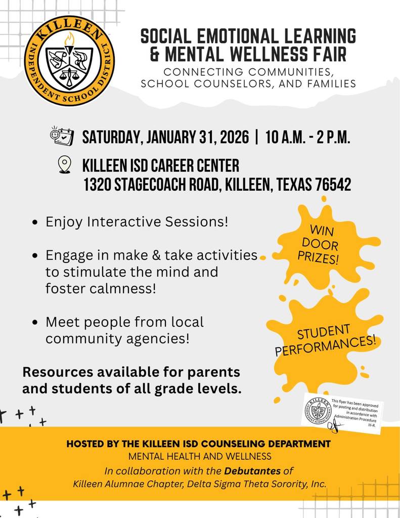 #Saturday: ✨ Join us for the Killeen ISD Social Emotional Learning & Mental Wellness Fair! ✨ Connect with school counselors, community partners, and local agencies while exploring helpful resources for students and families of all grade levels. ✅ Enjoy interactive sessions ✅ Participate in fun make & take activities designed to support calmness and wellness ✅ Meet community agencies and learn about supports available in our area 🎁 Plus, win door prizes and enjoy student performances! 📅 Saturday, January 31, 2026 🕙 10 a.m. – 2 p.m. 📍 Killeen ISD Career Center 1320 Stagecoach Road, Killeen, TX 76542 Hosted by the Killeen ISD Counseling Department – Mental Health & Wellness, in collaboration with the Debutantes of Killeen Alumnae Chapter, Delta Sigma Theta Sorority, Inc. We hope to see you there!