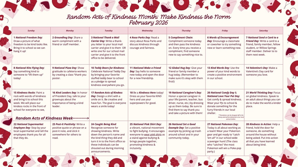 february calendar with acts of kindness