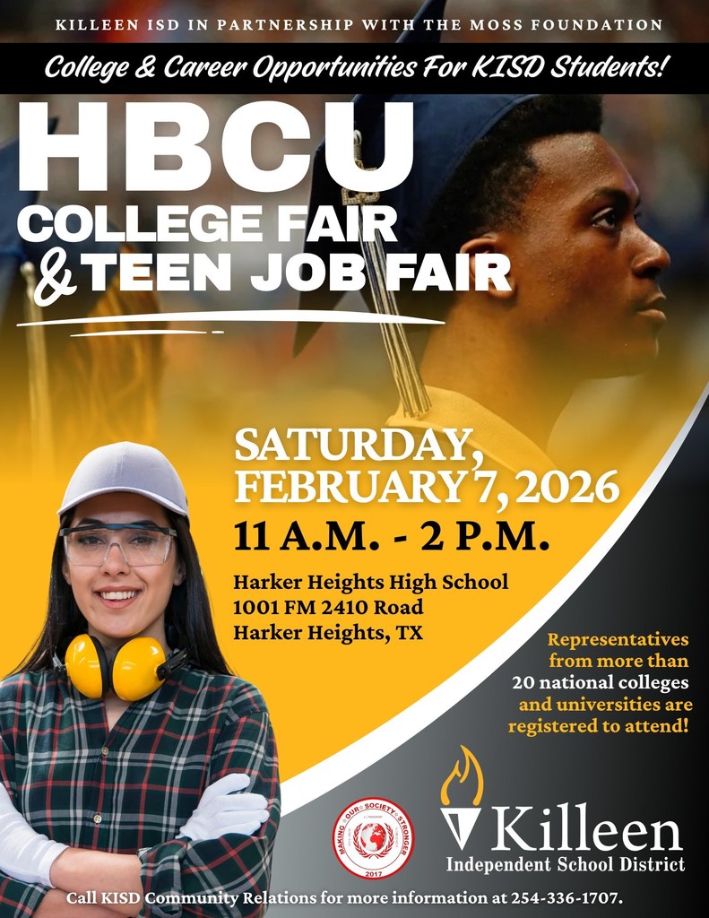 Mark your calendars, KISD students and families! The HBCU College & Job Fair will be here before you know it. Join us February 7 from 11 a.m.–2 p.m. at Harker Heights High School to meet college recruiters, learn about career opportunities, and enter for a chance to win scholarships, and more! #WeAreKISD