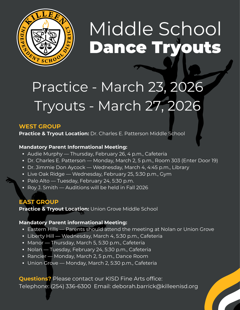 Killeen ISD Middle School Dance Tryouts are in March for current 5th-7th graders. A mandatory parent meeting is #required before tryouts. Details available here: www.killeenisd.org/o/finearts/article/2705944