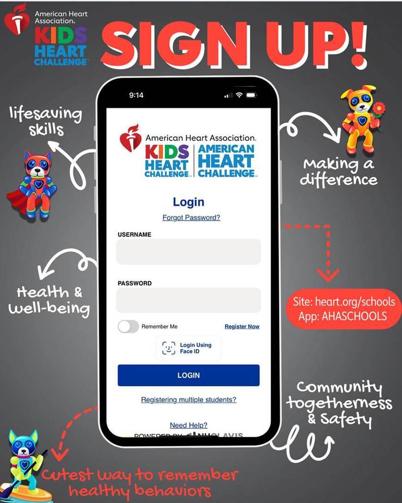 Cell phone picture showing how to login to Kids Heart Challenge.