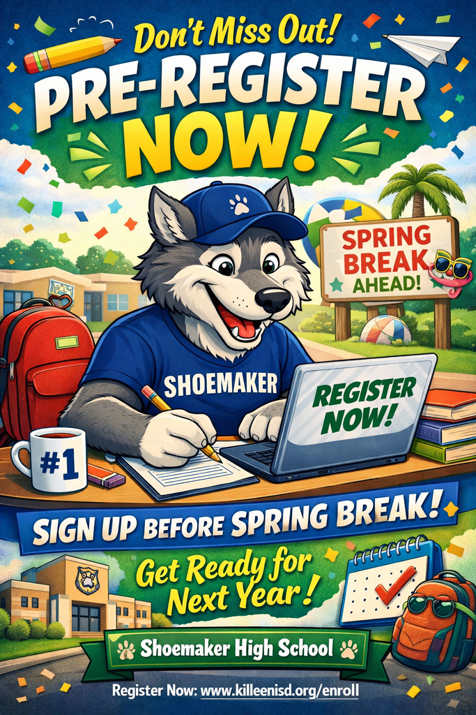 Grey Wolf Families 🐺🎉 Don’t forget to complete your student’s pre-registration before Spring Break and skip the last-minute rush later! It’s quick, easy, and future-you will be thankful 😉 Get started here: https://www.killeenisd.org/o/kisd/page/enroll