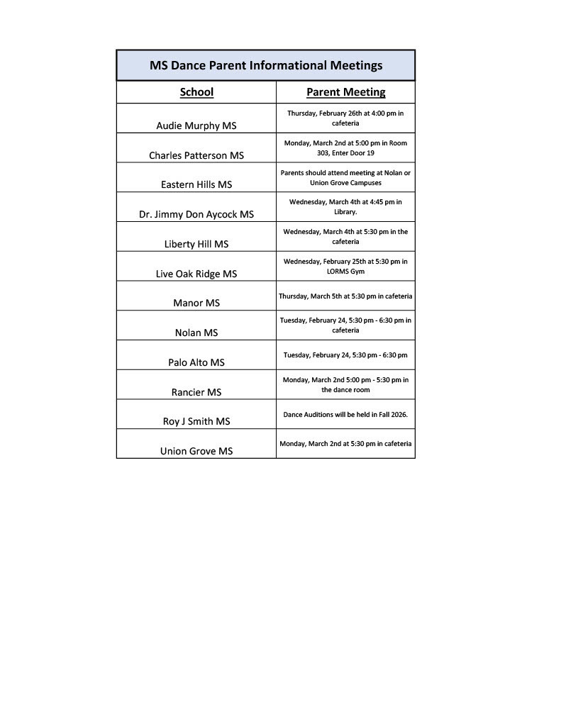 Dance parent meeting dates and locations