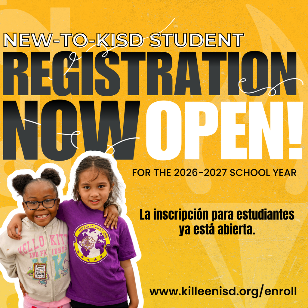 Registration for new-to-KISD students for the 2026–2027 school year opens April 6. Families can complete registration online by visiting www.killeenisd.org/enroll.  Enrollment is quick and convenient online, with additional support available at campus kiosks. Students requesting a transfer must do so during the enrollment process.  Required documents include proof of residency, immunization records, a birth certificate, and parent ID.  With standout advanced academic programs, dual credit opportunities, career and technical pathways, and award-winning fine arts and athletics, Killeen ISD gives students more ways to succeed, and more reasons to be proud. Nearly half of KISD students are already engaged in advanced learning experiences, a reflection of the district’s commitment to excellence.  For more information or assistance, families can contact their campus or visit www.killeenisd.org/enroll.