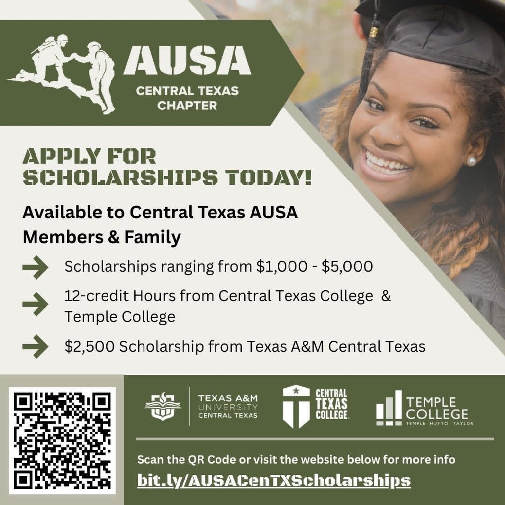 🎓 AUSA Scholarships – May 1st Deadline Approaching! 🎓 Time is running out! The Central Texas Chapter of AUSA is proud to offer scholarships supporting Soldiers, Family members, and students across our community—but the deadline is fast approaching. In addition to national opportunities, we have local scholarships available through Central Texas College and Texas A&M University–Central Texas, as well as funding opportunities that can be used at any college, university, trade, or technical school. These scholarships directly support our mission to invest in education and the future of our Army community. Every dollar awarded helps turn goals into reality. 📌 Don’t wait—apply today! 📌 Learn more & apply: https://bit.ly/AUSACenTXScholarships 📧 Questions? ausacentexscholarships@gmail.com 