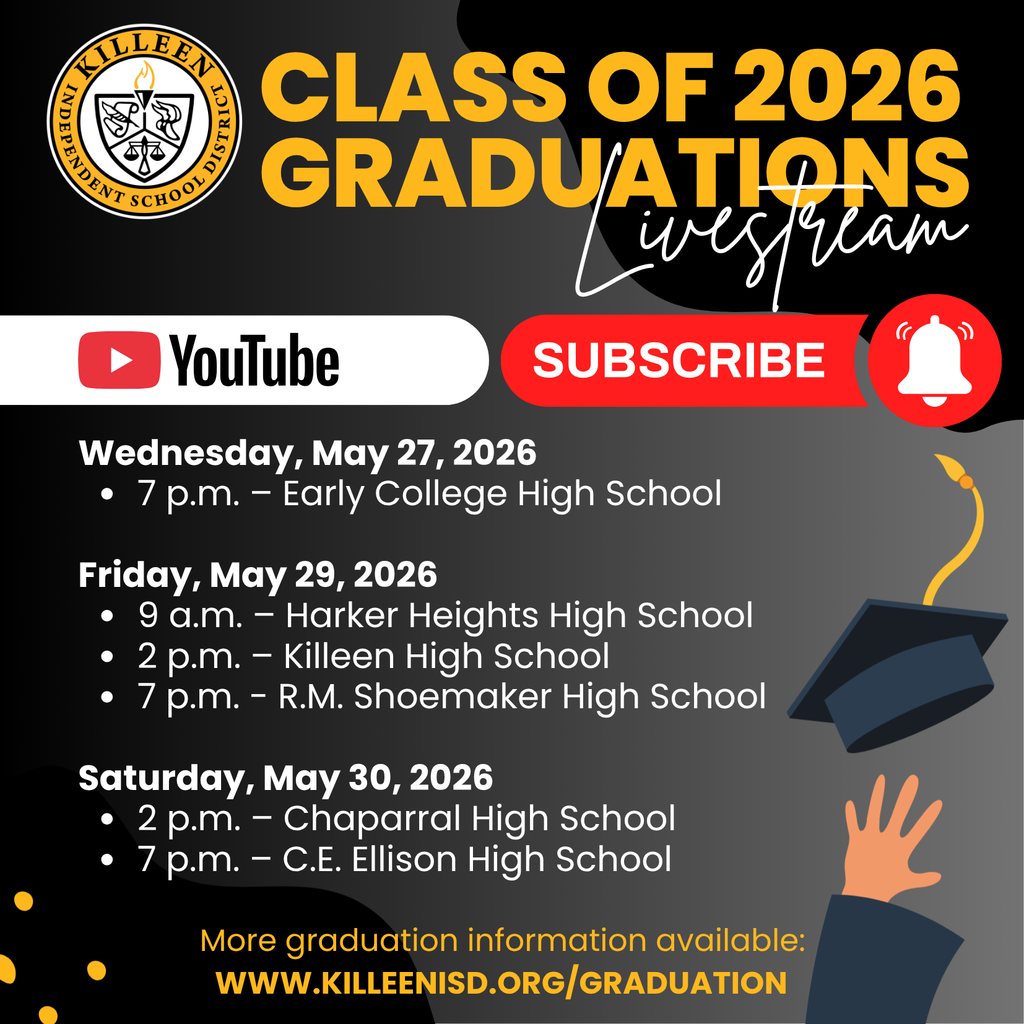 Killeen ISD will stream Class of 2026 high school graduation ceremonies live on YouTube—now easily accessible on mobile devices, smart TVs, computers, and more!  Link: https://www.youtube.com/@killeenisd_/streams   Tune in from anywhere in the world and be part of this historic moment!   All other graduation information available: www.killeenisd.org/graduation